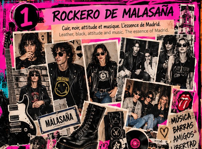 Collage Rockero de Malasaña : cuir, bottes, guitares et silhouettes rock des années 90
