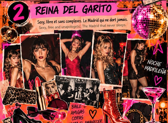 Collage Reina del garito : robes de soirée, accessoires, talons et maquillage des années 90